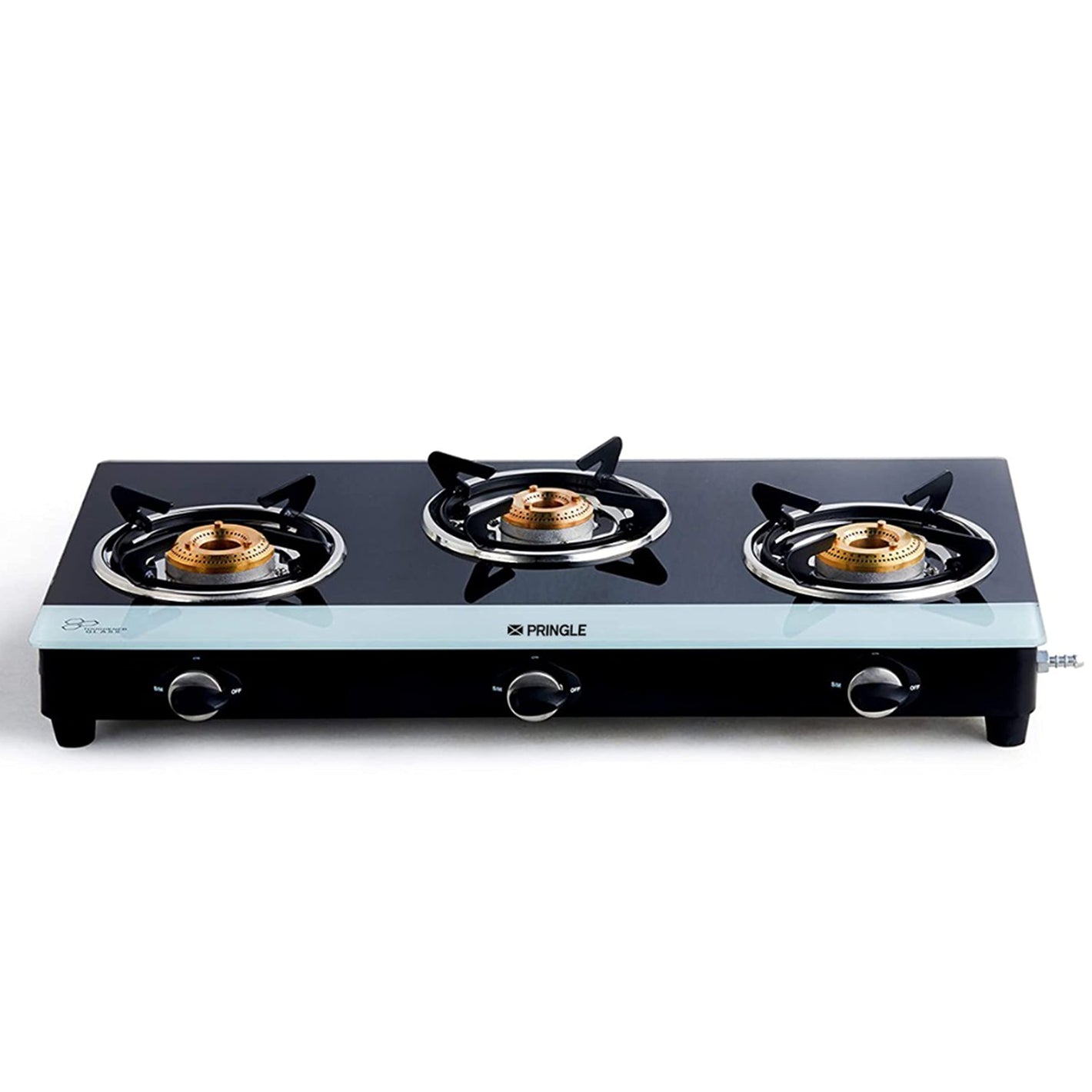 Pringle 3 burner Toughened Glass top Gas stove, Black and White, Chulha Manual Ignition comes with 3 high efficiency brass burners,1 year doorstep warranty, ISI Certified, PGT03 w&b,