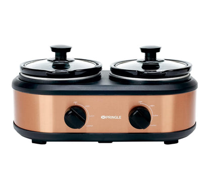 FW1807 Electric Slow Cooker 2.5L (1.25L x 2 Pots) | Ceramic Pots with Glass Lids | Slow Cooking & Warming | Copper Finish