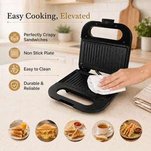 Crusty Sandwich Maker | 800W Non-Stick Plates | Uniform Heat Distribution | Easy Lock System | Black & Metallic Finish