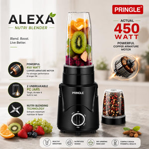 Alexa Nutri Blender 450W | Smoothie Maker & Mixer Grinder | 2 Jars | Sipper & Storage Lids | Dual Blade System | Black (AlexaPro_NB_2Jar)