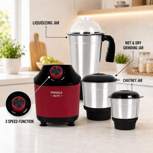 Alfa Plus 550W 3 Jar Mixer Grinder | 3 SS Jars (Liquidizing, Wet, Dry & Chutney) | SS Blades | Compact & Powerful | Red