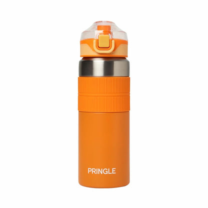 Pringle Dover 600ml Vacuum Insulated Flask Double Wall Hot & Cold Water Bottle with Silicone Grip & Press Button Mechanism for One Hand Use |SS304 Body Inner & Outer| 600 ML - Orange