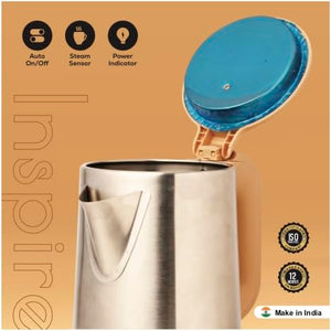 Pringle Electric Kettle Inspire 1.5 Ltr 1500 Watts with Boil Dry Protection & Auto-Shut Off, Concealed Heating Element| 360 Deg Cordless Base, Wide Mouth Opening , Premium finish ,With power Indicator and steam sensor ( Brown)