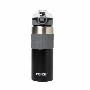 Pringle Dover 600ml Vacuum Insulated Flask Double Wall Hot & Cold Water Bottle with Silicone Grip & Press Button Mechanism for One Hand Use | SS304 Body Inner & Outer| 600 ML | (Black)