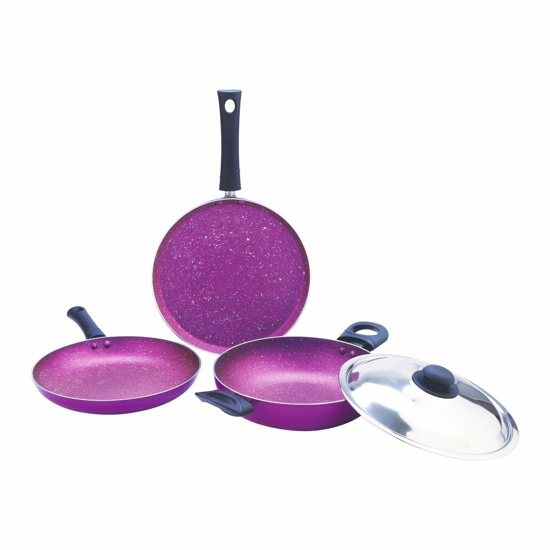 Pringle Lavender 4 Piece Non-Stick Cookware Set | Granite Finish | Induction Base | PFOA Free | HTR Exterior Coating | 25cm Tawa, 24 cm Kadai, 24cm Fry Pan 1 Stainless Steel lid