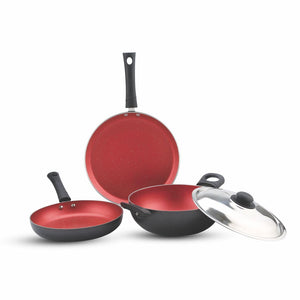 Pringle RIVIERA 4 Piece Non-Stick Cookware Set | Granite Finish | Induction Base | PFOA Free | HTR Exterior Coating | 25cm Tawa, 24 cm Kadai, 24cm Fry Pan 1 Stainless Steel lid