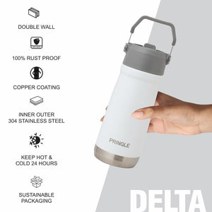 Pringle Coral Flip Straw Hydrosteel Bottle | Stainless Steel Vacuum Insulated Flask 500ml| Hot and Cold Water Bottle | Double Walled Bottle for Home, Office, Travel – White (White)