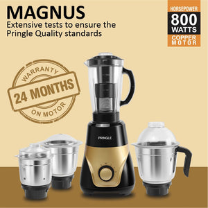 Pringle Magnus 800 Watts Mixer Grinder with 4 Jars | 3 Stainless Steel Multipurpose Jars & 1 Juicer Jar | ABS Body | Heavy Duty Motor | 5 Year Warranty on motor |