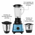 Trendy Mixer Grinder - 3 Jars 550 Watt Mixie - Chutney Jar, Dry Grinder Jar & Liquidizing Jar used as Wet Grinder & Blender for Milkshake, Smoothie, Puree : Model Trendy-Blue