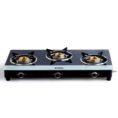 Pringle 3 burner Toughened Glass top Gas stove, Black and White, Chulha Manual Ignition comes with 3 high efficiency brass burners,1 year doorstep warranty, ISI Certified, PGT03 w&b,