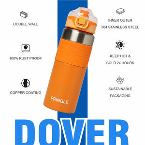 Pringle Dover 600ml Vacuum Insulated Flask Double Wall Hot & Cold Water Bottle with Silicone Grip & Press Button Mechanism for One Hand Use |SS304 Body Inner & Outer| 600 ML - Orange