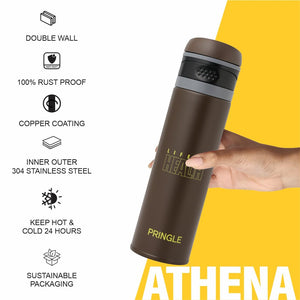 Pringle Athena 500Ml Hydrosteel Bottle | Stainless Steel Vacuum Insulated Flask 500ml| Hot and Cold Water Bottle | Double Walled Bottle for Home, Office, Travel - Black (Brown)