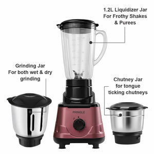 Pringle Mixer Grinder for Kitchen - 3 Jars 550 Watt Mixie - Chutney Jar, Dry Grinder Jar & Liquidizing Jar used as Wet Grinder & Blender for Milkshake, Smoothie, Puree : Model Trendy-Magento