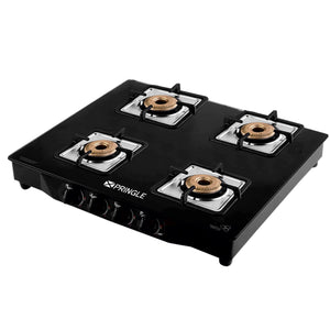 Pringle 4 burner toughened Glass Top Gas Stove | High efficiency Brass burner | Manual Ignition| Square Pan support inferno|Spill Proof Stainless Steel Trays|1 year warranty with doorstep service| PGT 04 inferno ISI Certified