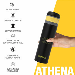 Pringle Athena 500Ml Hydrosteel Bottle | Stainless Steel Vacuum Insulated Flask 500ml| Hot and Cold Water Bottle | Double Walled Bottle for Home, Office, Travel - Black