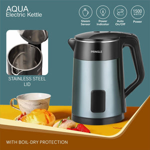 Pringle Electric Kettle Double Wall 2L - AQUA 1500W with Boil Dry Protection & Auto-Shut Off| Inbuilt SS Filter Sieve, Concealed Heating Element| 360 Deg Cordless Base, Green