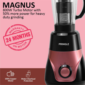 Pringle Magnus 800 Watts Mixer Grinder with 4 Jars | 3 Stainless Steel Multipurpose Jars & 1 Juicer Jar | ABS Body | Heavy Duty Motor | 5 Year Warranty on motor | Magenta