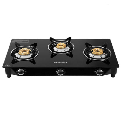 Pringle 3 burner Toughened Glass top Gas stove, Chulha Manual Ignition comes with 3 high efficiency brass burners,24 months doorstep warranty, ISI Certified, PGT03 MS