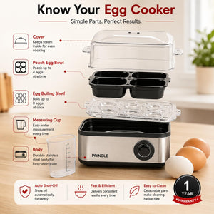2-in-1 Egg Boiler & Poacher 550W | 3 Boiling Modes | SS Body | Auto Shut-Off