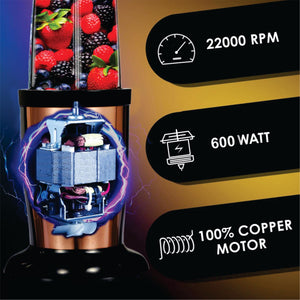 Pringle High Speed Nutri Blender/Mixer/Smoothie | 22000 RPM 100% Pure 600 Watt Copper Motor | 3 in1 Grind, Mix, Blend| Stainless Steel Blades | 2 Unbreakable Jars | 2 Years Warranty on Motor | Gold