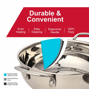 Pringle Triply Stainless Steel Extra Deep Kadai With Lid| Riveted Cast Handle | (Induction and Gas Stove Friendly) |4.8 Litre (28 cm Dia) | 2.5mm Thick Heavy Base| Cookware With 5 Years Warranty