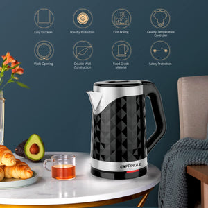 Pringle Electric Kettle Double Wall 2L - Smarty Dlx 1350W with Boil Dry Protection & Auto-Shut Off| Inbuilt SS Filter Sieve, Concealed Heating Element| 360 Deg Cordless Base, (Black)