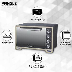 PRINGLE 34Liters Oven/Toaster/Griller/OTG Motorized Rotisserie & Convection Heating,With 6 Heating Mode / Mirror finish tempered glass( OTG36) First In India