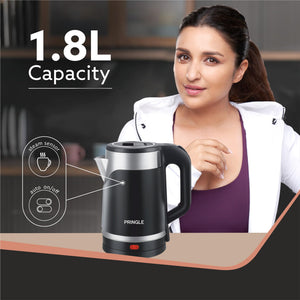 Pringle Dazzle Electric Kettle 1.8L Double Wall | Fast Boiling| Cool Touch Black & Steel |1 Year Onsite Warranty