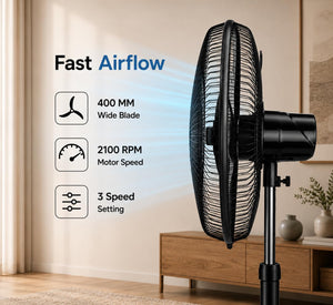 PRINGLE Sprint 16 Inch Pedestal Fan | 400 mm | 105W High Speed Air Delivery | Adjustable Height | 3 Blade | 3 Speed Control | Heavy Duty Motor | Black | 2 Yr Warranty on Motor