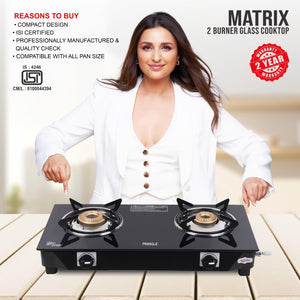 Pringle 2 Burner Gas Stove Top for Kitchen - Manual Ignition Cooktop Modern Glass Stove for Modular Kitchen, ISI Certified & Compatible with LPG - 2 Year Warranty- Model (Matrix -2 Burner)