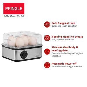 Pringle 2 in1 Egg Boiler and Poacher 500-Watt (Silver & Grey), Boil 8 eggs, Poach 4 eggs, Easy to clean| 3 Boiling Modes, Stainless Steel Body and Heating Plate, Automatic Turn-Off - 1 Year Warranty