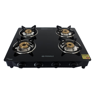 Pringle 4 Burner Toughened Glass Top Gas Stove/Chulha Manual Ignition Comes with 4 high efficiency design Brass Burners , Pan Support & 360 degree revolving nozzle With 24 months Warranty- Doorstep Service / PGT 04 ISI certified