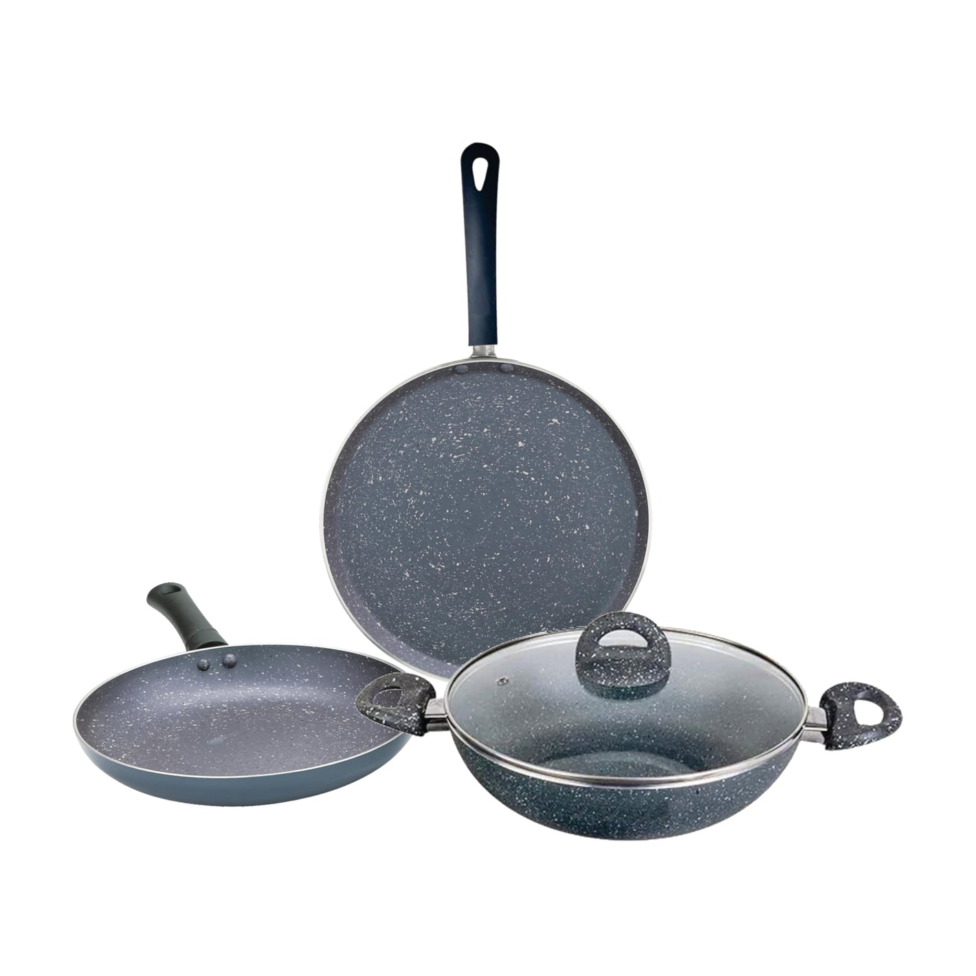 Pringle VALENCIA 4 Piece Non-Stick Cookware Set | Granite Finish | Induction Base | PFOA Free | HTR Exterior Coating | 25cm Tawa, 24 cm Kadai, 24cm Fry Pan 1 Stainless Steel lid