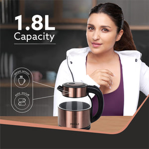 Pringle Vogue Electric Kettle 1.8L | 1350 W | Double Layered Glass Kettle |1 Year Warranty| Hot Water Kettle with Auto Shut-Off and Boil Dry Protection|Cool Touch Exterior| Copper Finish