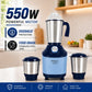 Alfa Plus 550W 3 Jar Mixer Grinder | 3 SS Jars (Liquidizing, Wet, Dry & Chutney) | SS Blades | Compact & Powerful | Blue