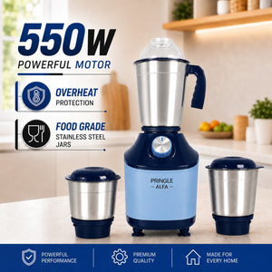 Alfa Plus 550W 3 Jar Mixer Grinder | 3 SS Jars (Liquidizing, Wet, Dry & Chutney) | SS Blades | Compact & Powerful | Blue