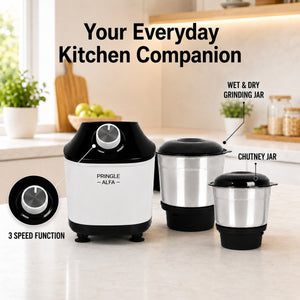Alfa Plus 550W 3 Jar Mixer Grinder | 3 SS Jars (Liquidizing, Wet, Dry & Chutney) | SS Blades | Compact & Powerful | White Black