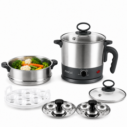 1.5L MultiChef Multi Kettle 3-in-1 Multipurpose Cooker | Egg Boiler, Steamer & Idli Maker | SS Stand | 1350W | Silver