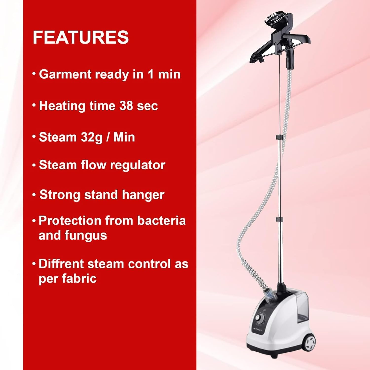 1800W Garment Steamer for Ironing Clothes by Pringle Homeware - detail view
