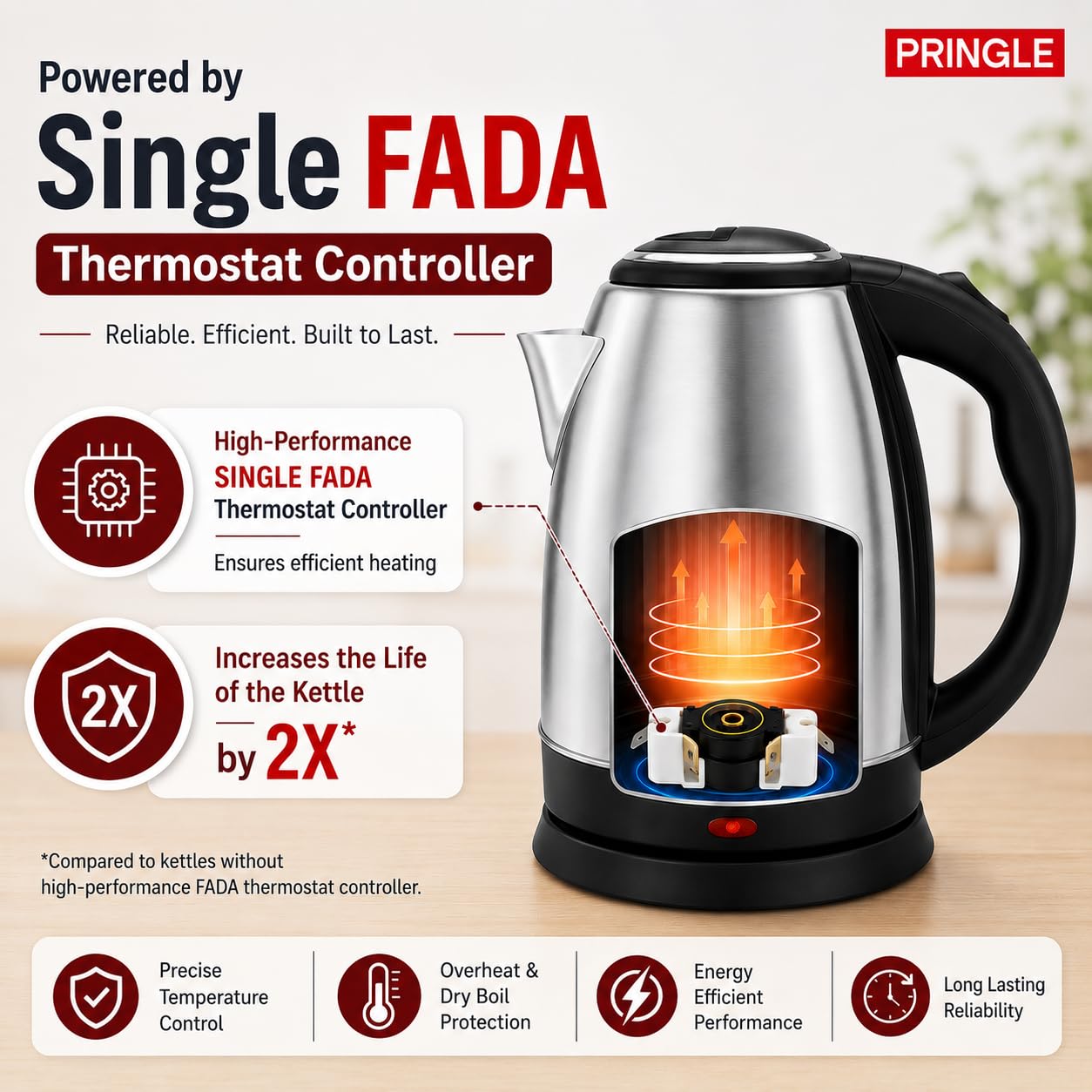 Neo Dlx 1.8L Stainless Steel Electric Kettle 1350W by Pringle Homeware - front view