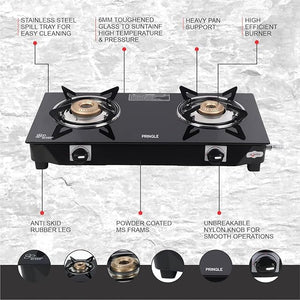 Pringle 2 Burner Gas Stove Top for Kitchen - Manual Ignition Cooktop Modern Glass Stove for Modular Kitchen, ISI Certified & Compatible with LPG - 2 Year Warranty- Model (Matrix -2 Burner)