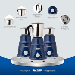 Pringle Crest 3Jar Mixer Grinder 500W Powerful Motor[ISI] Certified-304 Grade Stainless Steel Blade| 3 Stainless Steel Jars(1 Litres) Chutney Jar (0.7 & 0.25 Litres)3 Speed (3 Jars, Blue)