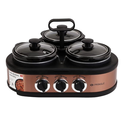 Pringle Electric triangle Slow Cooker 3 Litre | Ceramic Pot with Glass Lid | Copper Color FW 1808 (3 deep pots 1 Litre each)| First In India