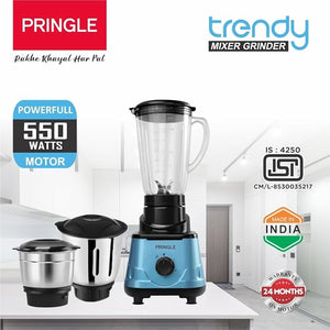 Pringle Trendy 3 Jar Mixer Grinder with 550W 100% Copper motor | 304 Grade Stainless Steel Blade| 24 month onsite warranty