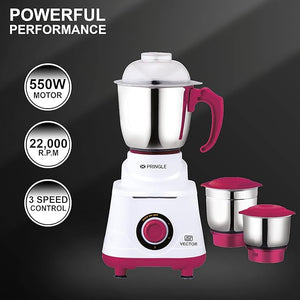 Pringle Vectoplus 3 Jar Mixer Grinder| 500W Powerful Motor [ISI] Certified | 304 Grade SS Blade| 3 SS Jars Liquidizing Jar (1 Litres) Chutney Jar (0.7 and 0.4 Litres)3 Speed Options