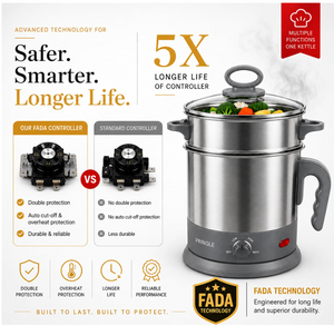 1.5L MultiChef Multi Kettle 3-in-1 Multipurpose Cooker | Egg Boiler, Steamer & Idli Maker | SS Stand | 1350W | Silver