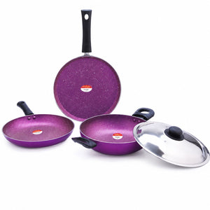 Pringle Lavender 4 Piece Non-Stick Cookware Set | Granite Finish | Induction Base | PFOA Free | HTR Exterior Coating | 25cm Tawa, 24 cm Kadai, 24cm Fry Pan 1 Stainless Steel lid
