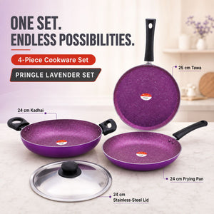 Pringle Lavender 4 Piece Non-Stick Cookware Set | Granite Finish | Induction Base | PFOA Free | HTR Exterior Coating | 25cm Tawa, 24 cm Kadai, 24cm Fry Pan 1 Stainless Steel lid