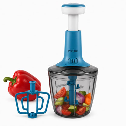 PRINGLE 1000ml Manual Push Chopper for Vegetables & Fruits | 6 Sharp Stainless Steel Blades | Hand Press Onion Cutter with Twist Lock | Blue